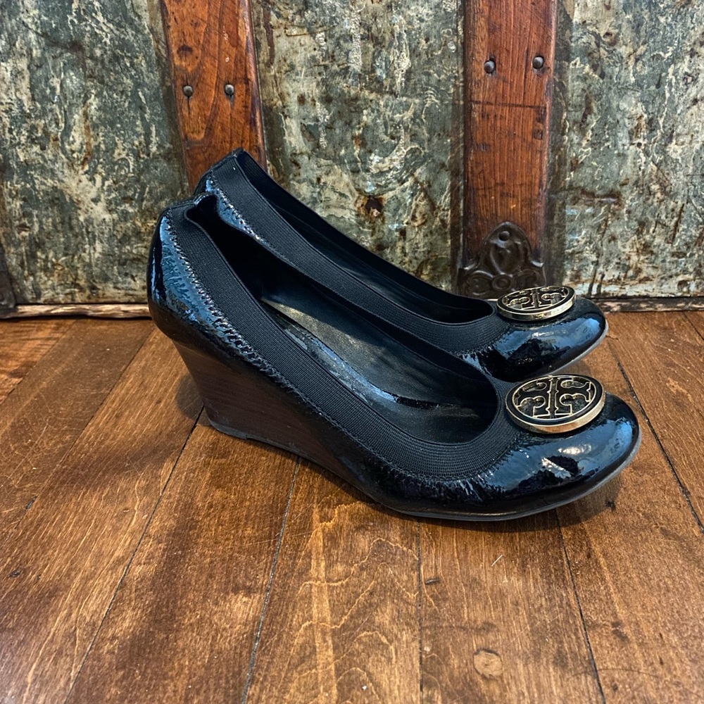 Tory Burch Black Patent Leather Wedges